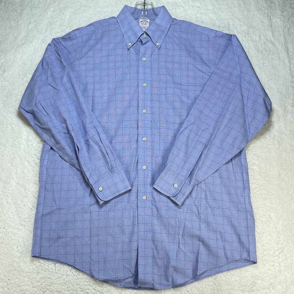 Brooks Brothers Shirt Mens Sz Large 16-34 Blue Plaid Traditional Fit No Iron